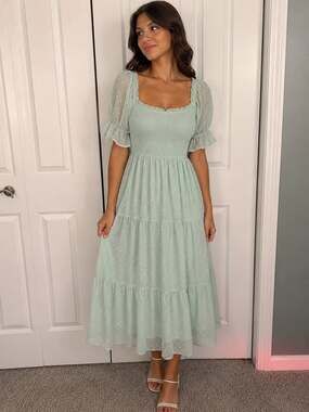 MEROKEETY Square Neck Puff Sleeve Swiss Dot Smocked Midi Dress